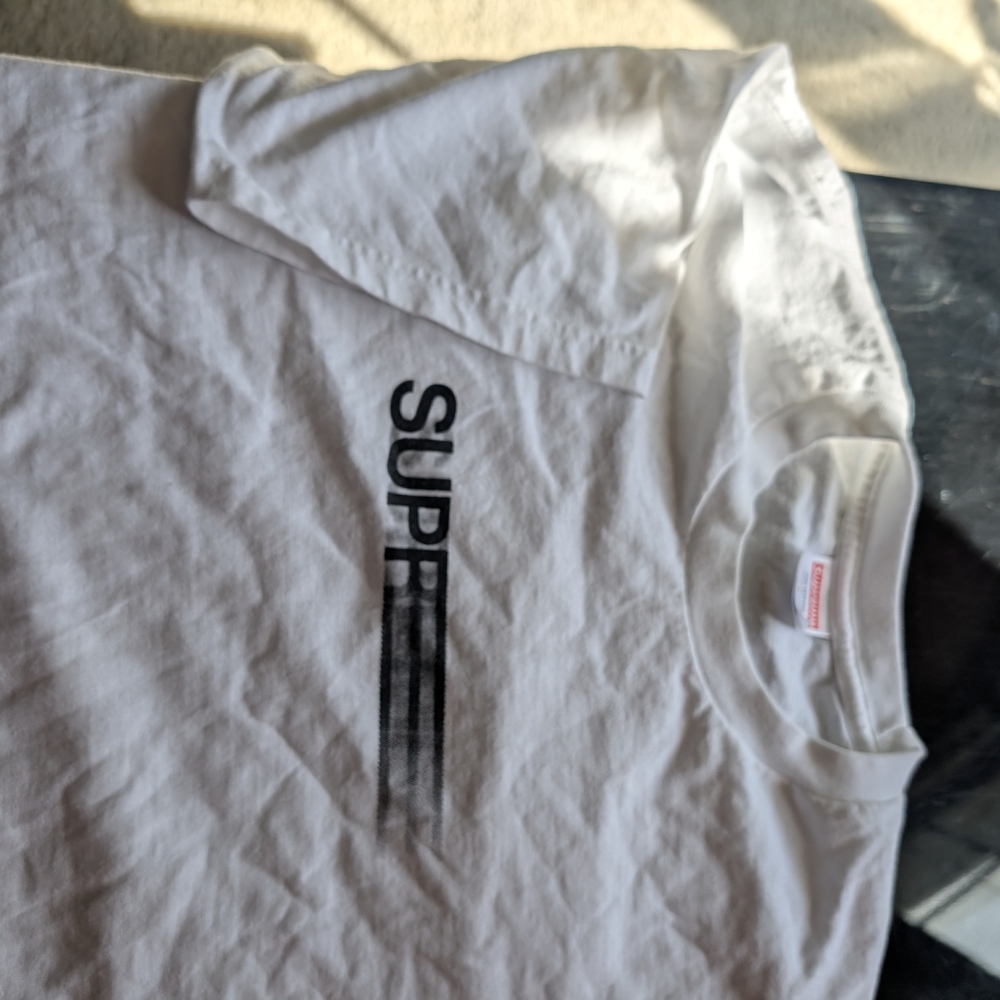 Supreme White Tee with Black 'SUPER' Vertical Graphic
